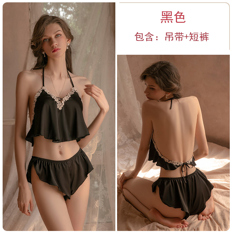 Sexy deep V lace pajamas for women in summer with small chest and large size in spring and autumn thin ice silk backless suspender shorts home clothes