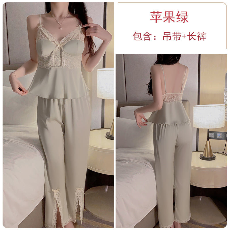 Elegant Allure: Lavender Lace - Trimmed Satin Pajama Set
