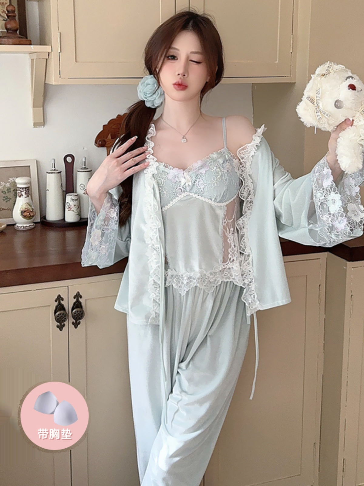 Romantic Allure Light Blue Satin and Lace Three - piece Pajama Set with Delicate Floral Details for a Dreamy Night