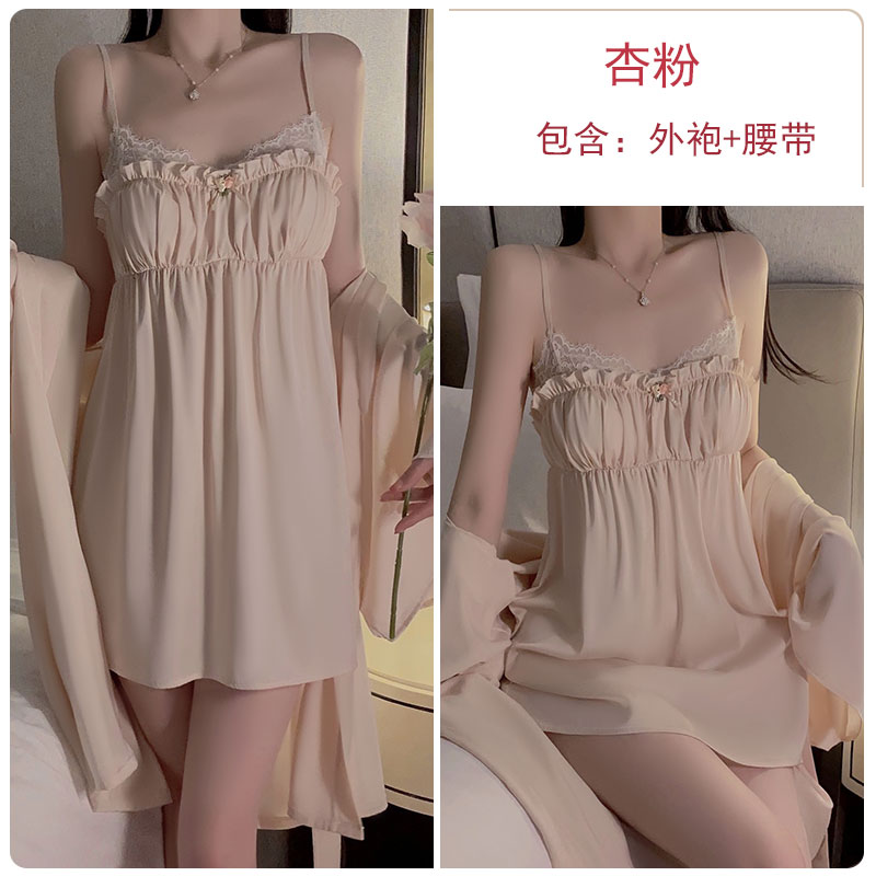 French pure lust style pajamas for women summer ice silk sweet lace with breast pads gathered sexy suspender nightgown home clothes