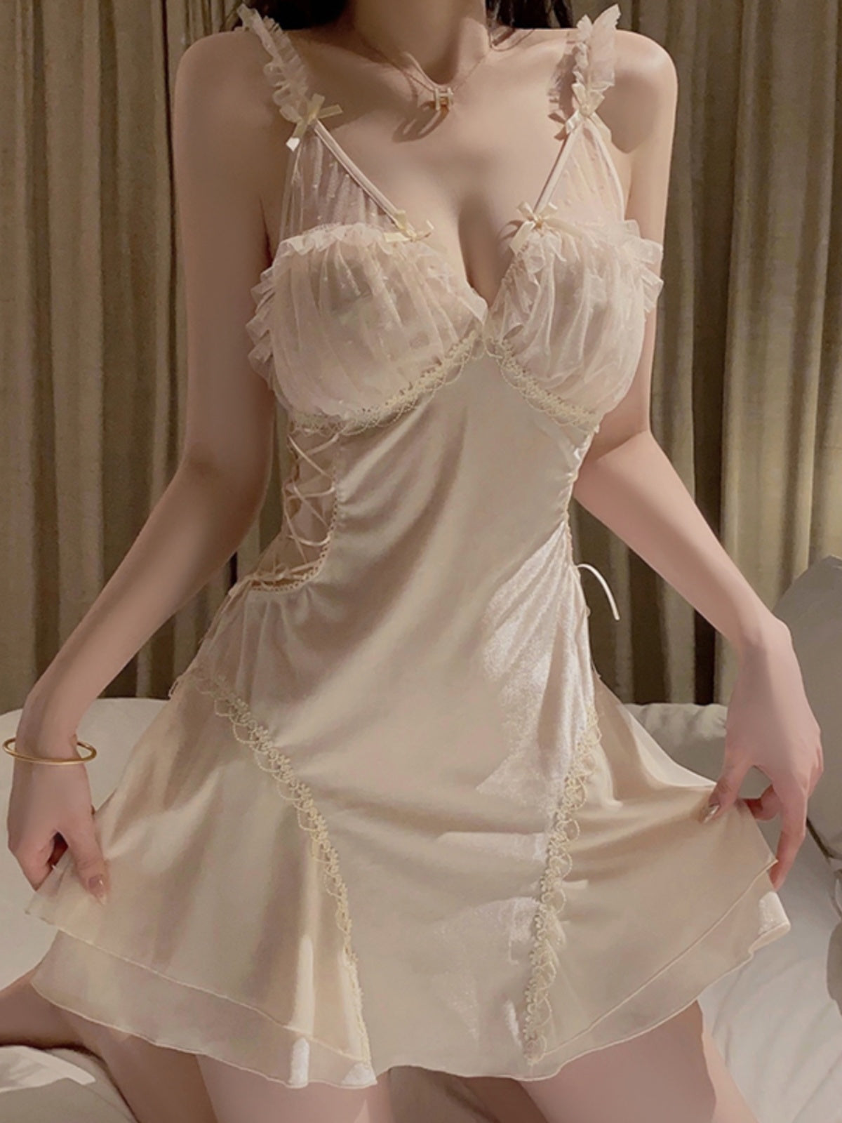 Exquisitely Feminine Ivory Lace - Trimmed Satin Nightdress with Ruffle and Bow Details