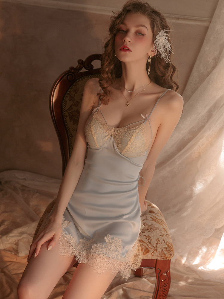 Sexy pajamas for women summer new style with breast pads gathered pure lust sweet lace hollow ice silk solid color suspender nightgown