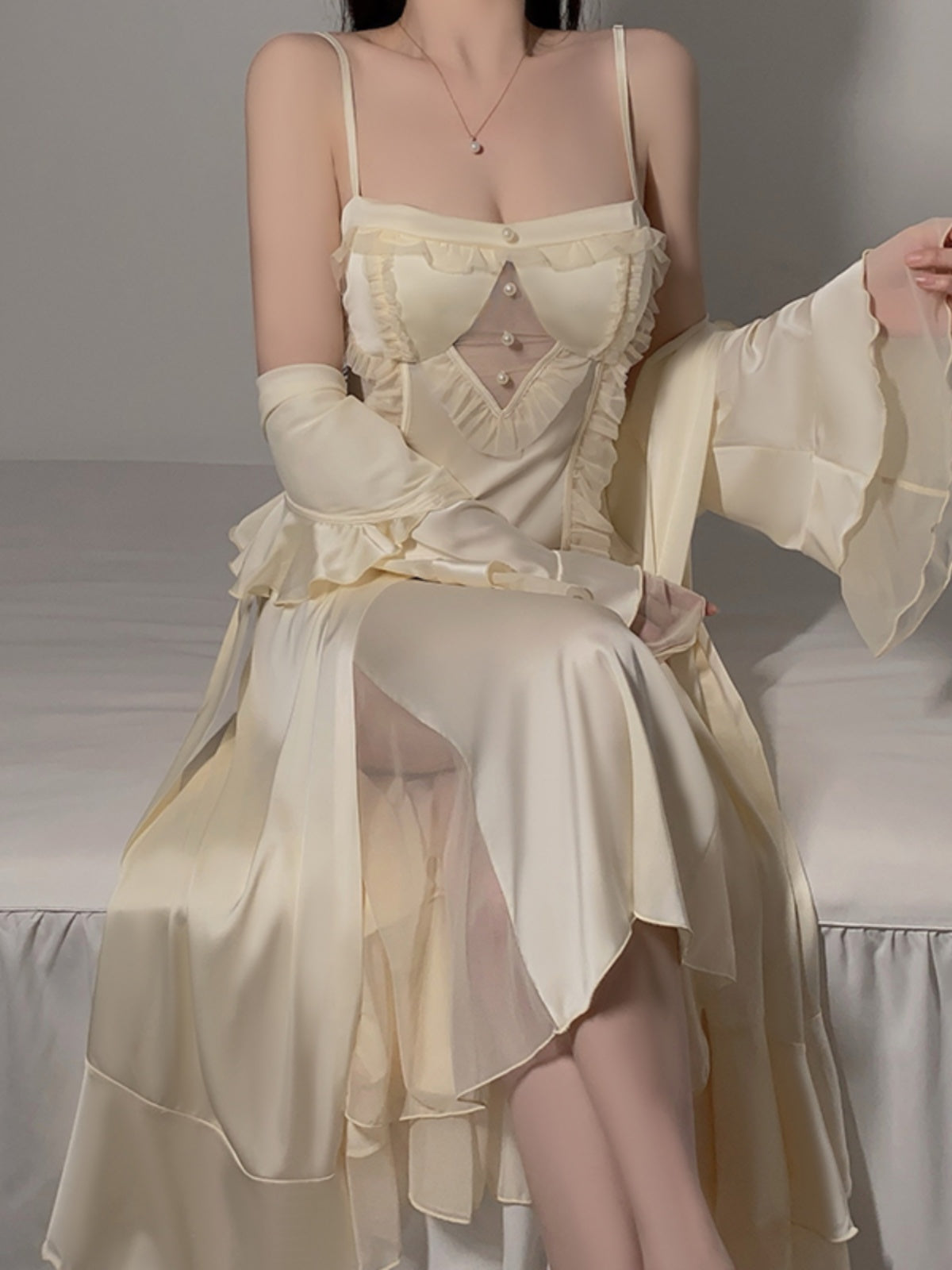 Exquisite and Graceful Cream - Colored Satin Cami Nightdress with Sheer Mesh Detailing and Flowing Matching Robe