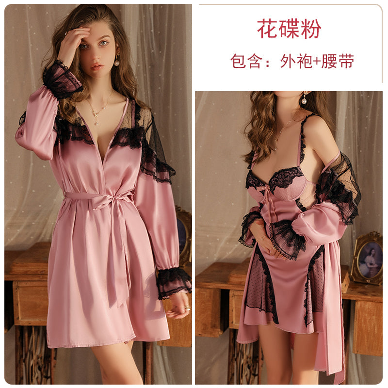Elegant Blush Pink Satin Nightdress Set with Black Lace & Mesh Detailing - A Touch of Luxury for Relaxing Evenings
