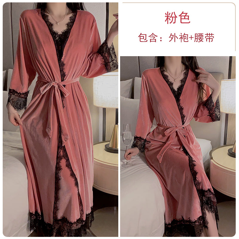 Glamorous Black Velvet Cami Nightgown with Exquisite Lace Detailing and Matching Robe - Ideal for Elegant Relaxation