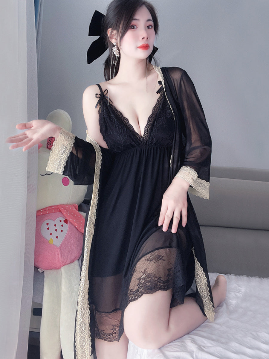 Fat mm sexy pajamas women's two-piece set large size breast strap breast pad lace suspender nightgown set 200 pounds sexy lingerie can be worn up to 4xl