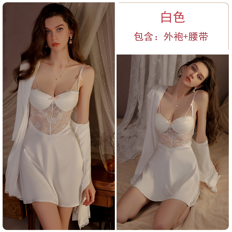 Summer new ice silk pajamas female lace temptation with chest pad gathered suspenders nightdress outer robe home clothes