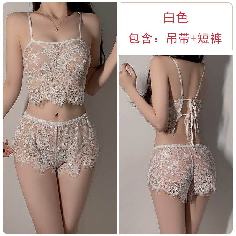 Summer Allure: Erotic and Sexy Backless Lace Pajama Set with Floral Patterns - Strappy Camisole and Shorts for a Pure - Desire Vibe