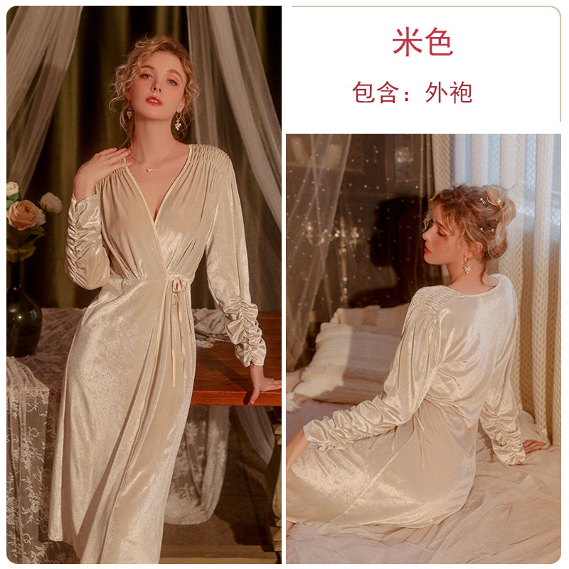 Glamorous and Cozy Long - Sleeve Pink Velvet Wrap Dress with V - Neck, Drawstring Waist, and Side Slit Pajamas