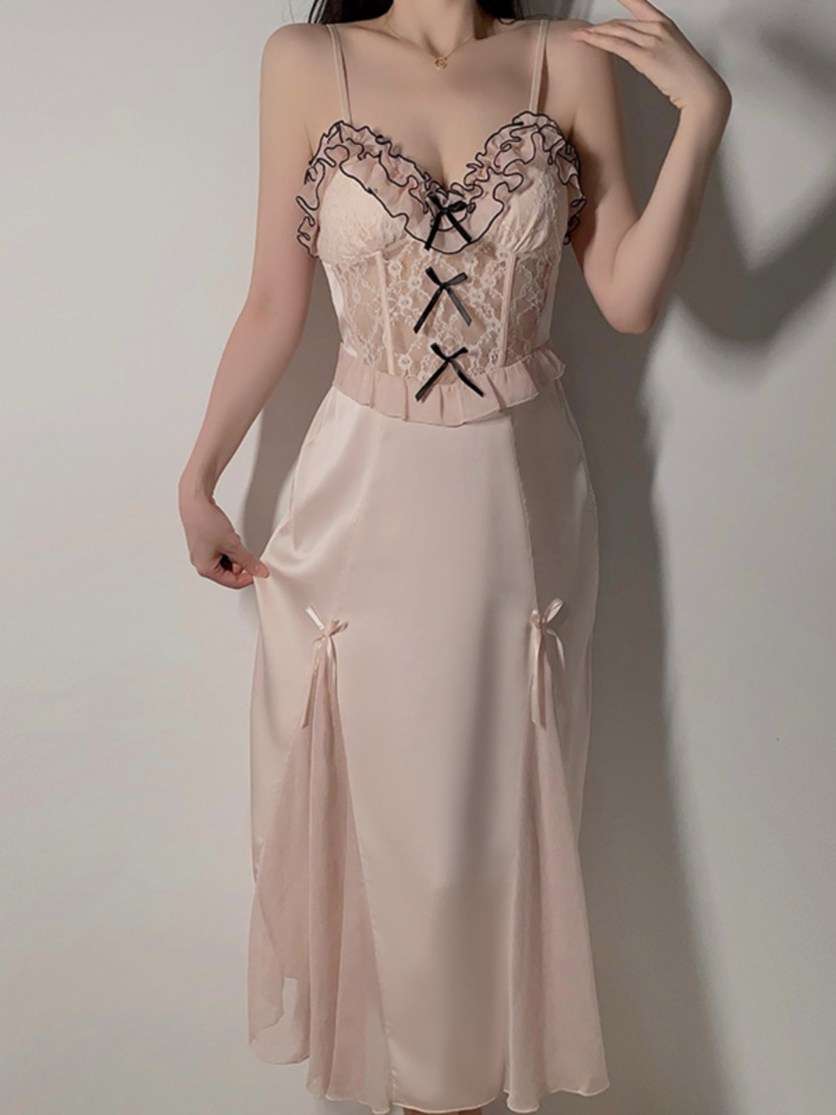 Romantic soft pink temptation, lace stitching satin nightgown with detachable tulle shawl, ruffles and lace embellishments, showing elegance and sexiness.
