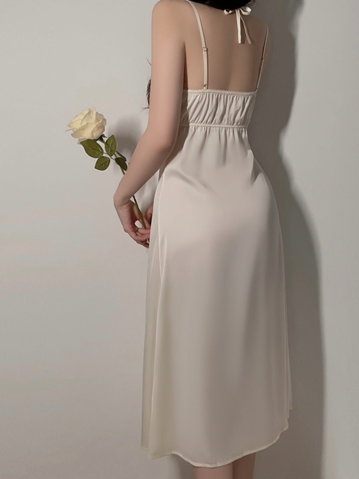 Alluring and Graceful: Flesh - toned Satin Lingerie Dress with Exquisite Lace Inserts, Cross - Halter Design, Paired with a Flowy Long Robe