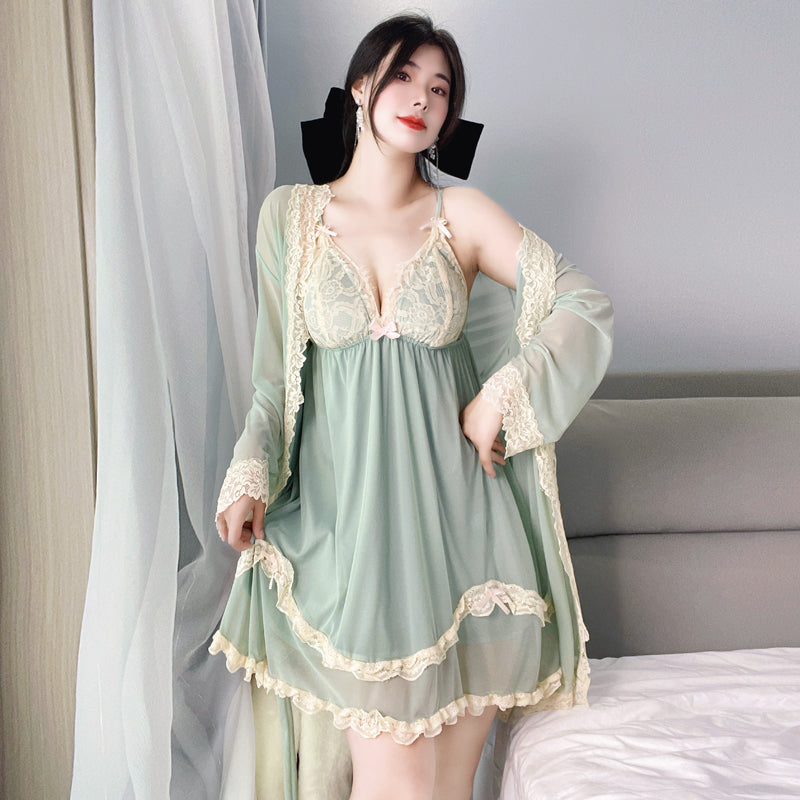 Sexy Plus - Size Delight: Black Velvet Lingerie Dress with Exquisite Lace - Trimmed Bust, Sheer Overlay, Andy Matching Sheer Lace - Embellished Robe