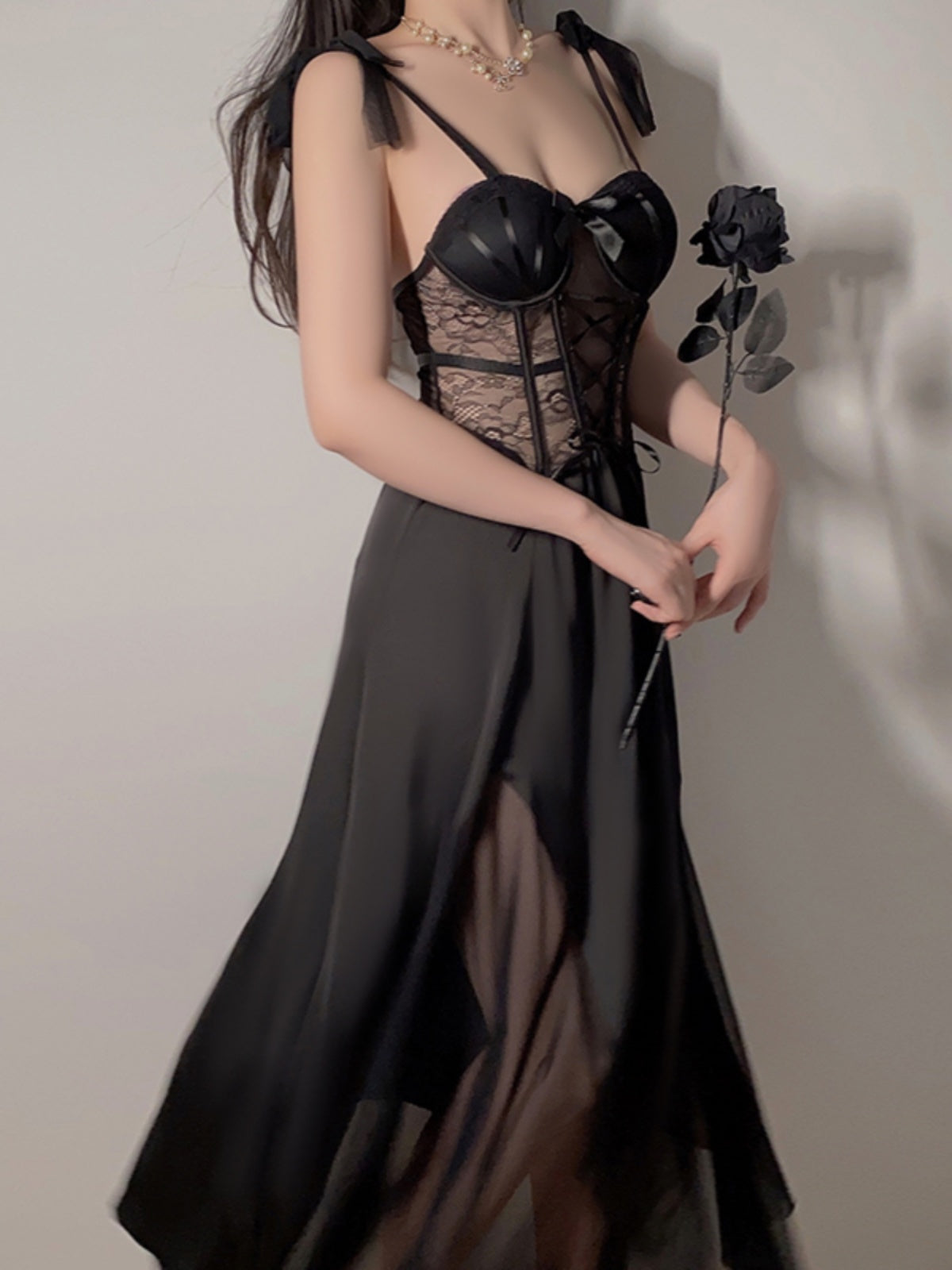 With chest pad steel ring gathered ice silk pajamas female lace mesh temptation hollow mesh suspender nightdress sexy lingerie