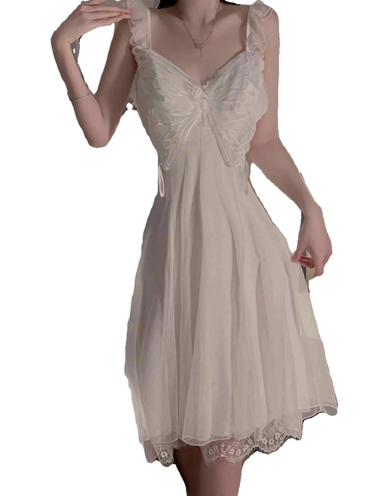High-end pajamas, feminine bow, lace splicing, mesh, mid-length suspender nightgown, home wear, spring and summer