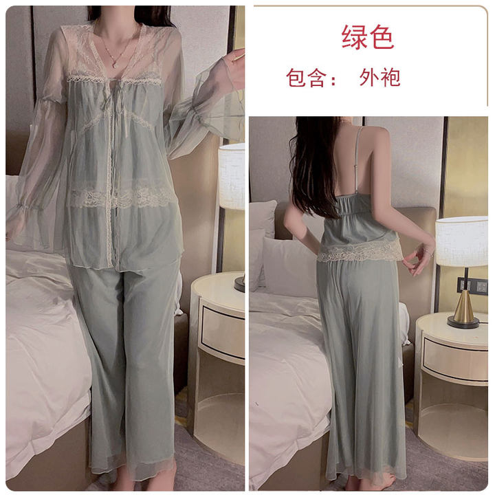 Pajamas with breast pads, feminine mesh, sweet suspenders, trousers, robes, three-piece set, home clothes, spring and summer new style