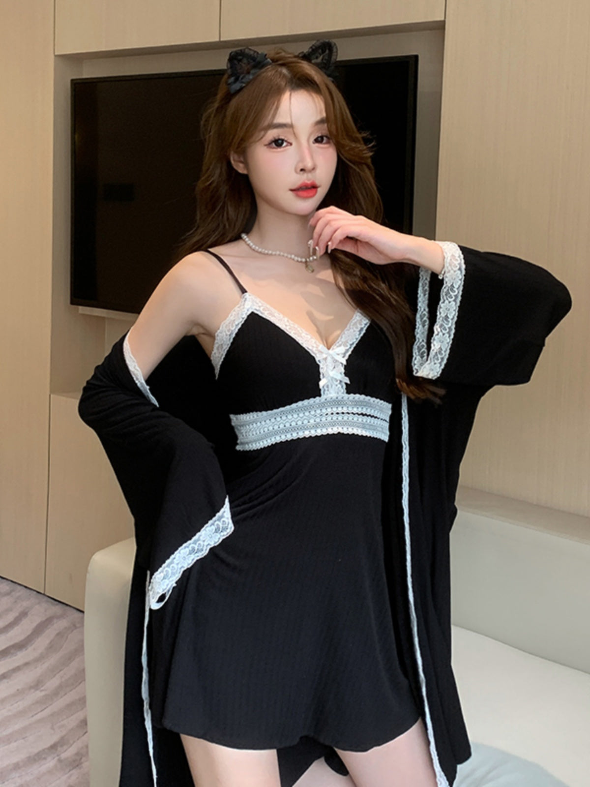 Glamorous Allure Black Satin Nightdress with White Lace Accents and Matching Robe