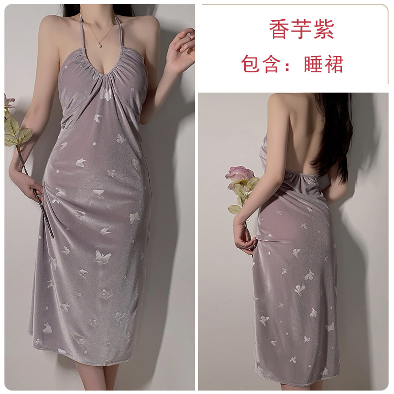 French style halter neck backless sexy pajamas for women in spring and autumn velvet pure desire with chest pad suspenders nightdress outer robe home clothes