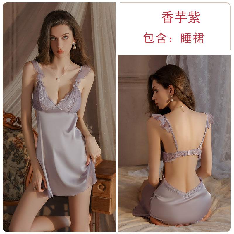 legant and Alluring: Lavender Satin and Lace Nightdress Set with Detachable Robe for a Dreamy Sleepwear Experience