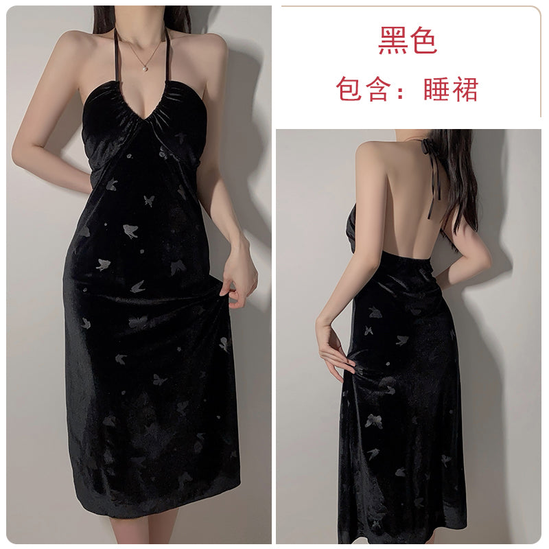 French style halter neck backless sexy pajamas for women in spring and autumn velvet pure desire with chest pad suspenders nightdress outer robe home clothes