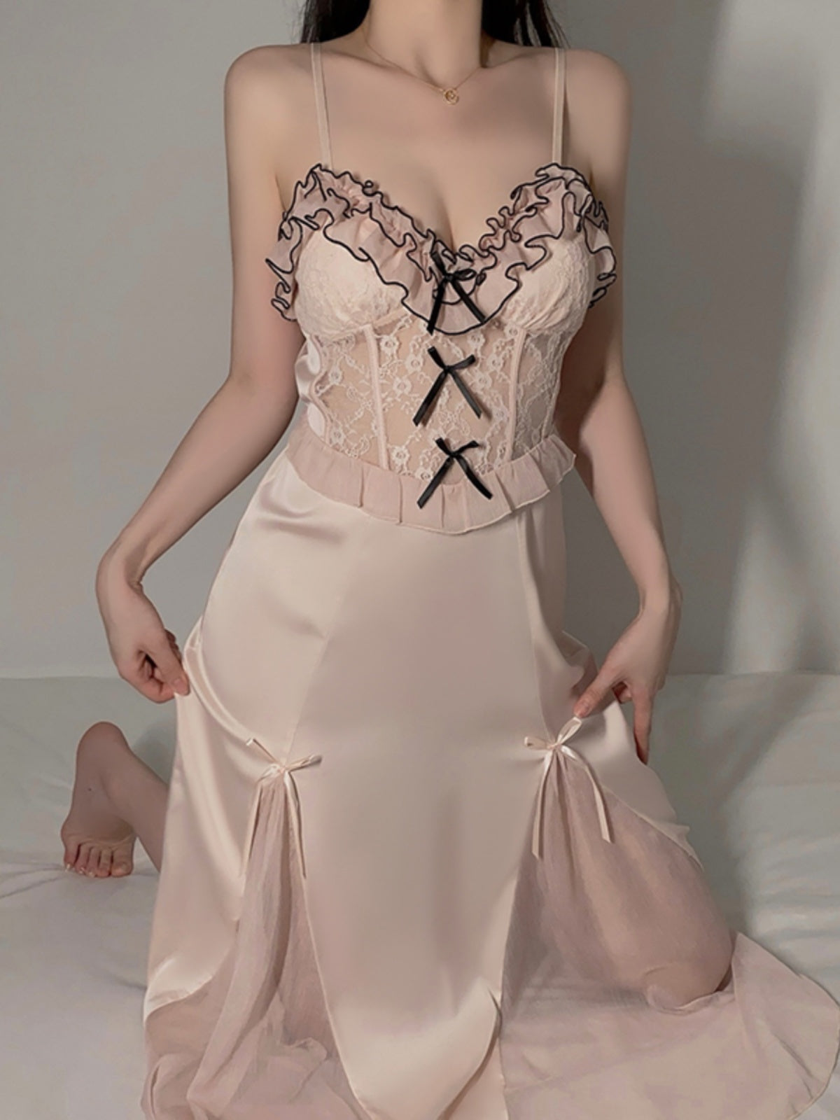 Romantic soft pink temptation, lace stitching satin nightgown with detachable tulle shawl, ruffles and lace embellishments, showing elegance and sexiness.