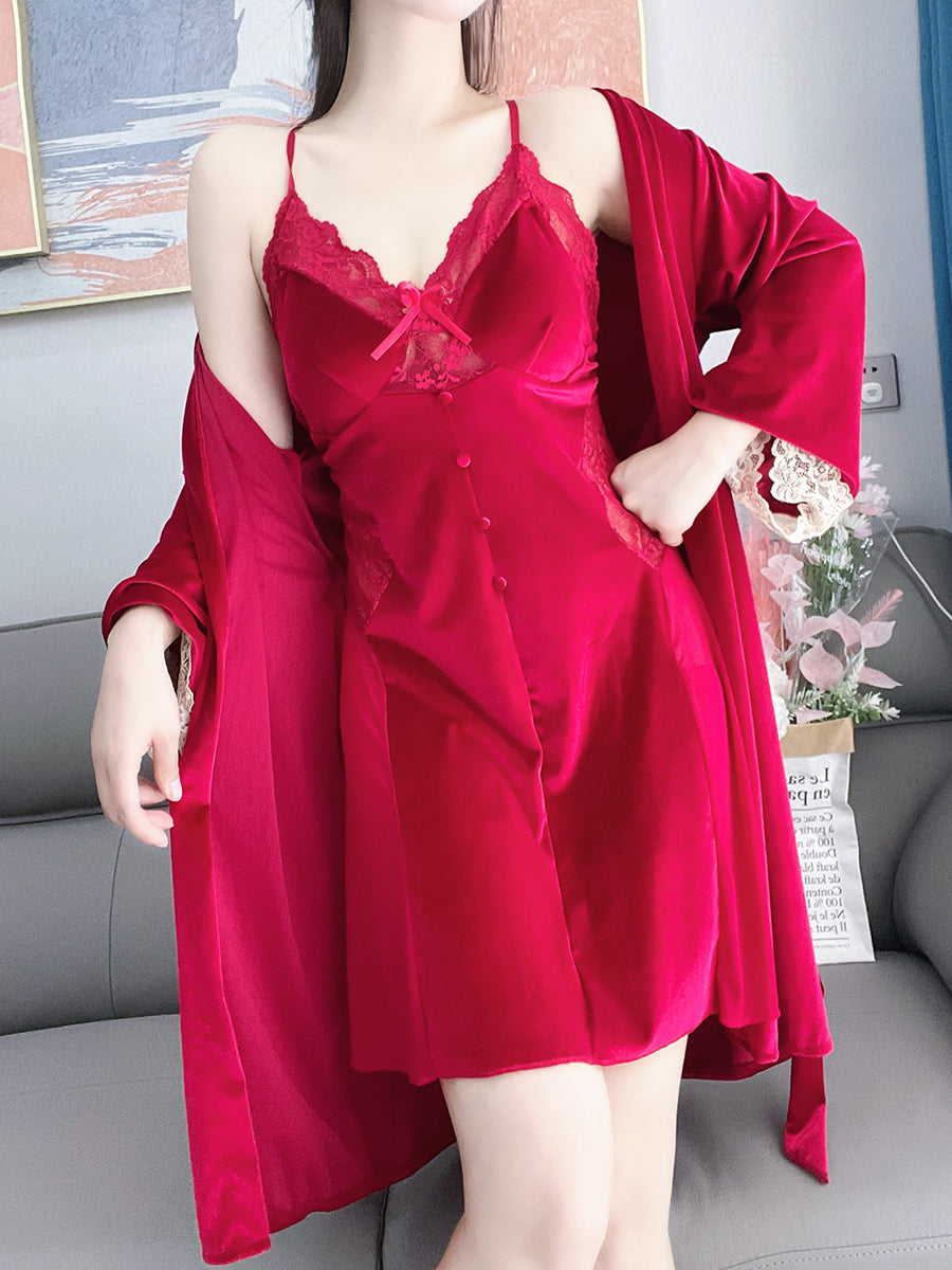 Pajamas with breast pads for women plus size fat mm autumn and winter sexy lace gold velvet nightgown nightgown two-piece home wear set