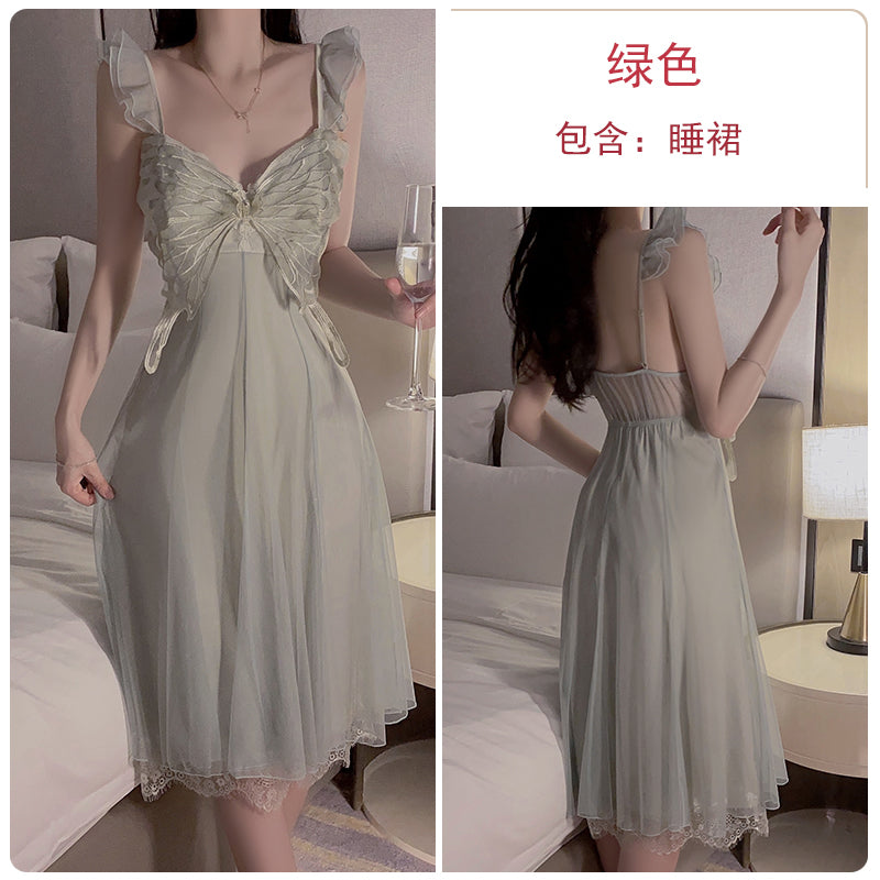High-end pajamas, feminine bow, lace splicing, mesh, mid-length suspender nightgown, home wear, spring and summer