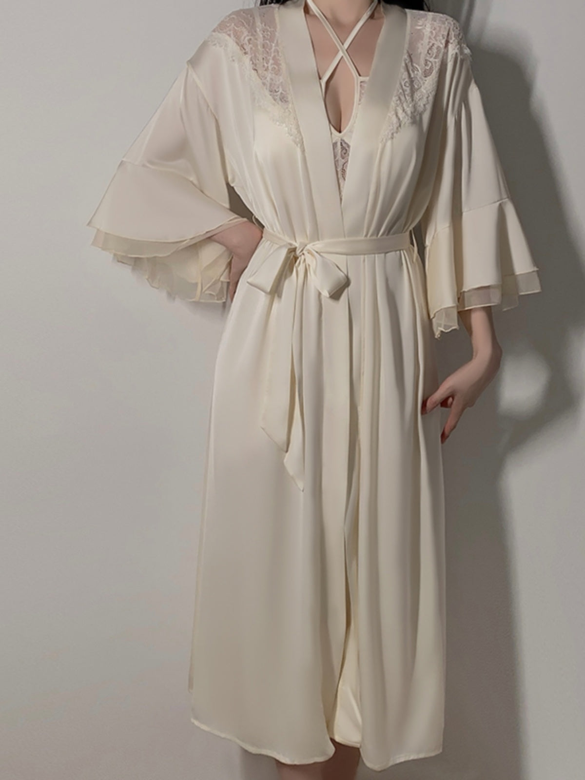 Alluring and Graceful: Flesh - toned Satin Lingerie Dress with Exquisite Lace Inserts, Cross - Halter Design, Paired with a Flowy Long Robe