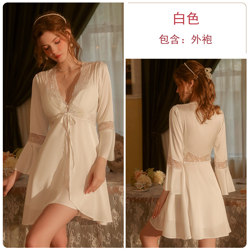 Pajamas for women in spring and autumn, thin pajamas for women in summer, ice silk sexy lace bathrobes, high-end nightgowns, dressing gowns, home clothes
