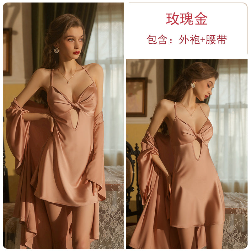 Silk sexy nightdress with adjustable shoulder straps and bow design Elegant pajamas for women Bow silk suspender skirt is comfortable and breathable