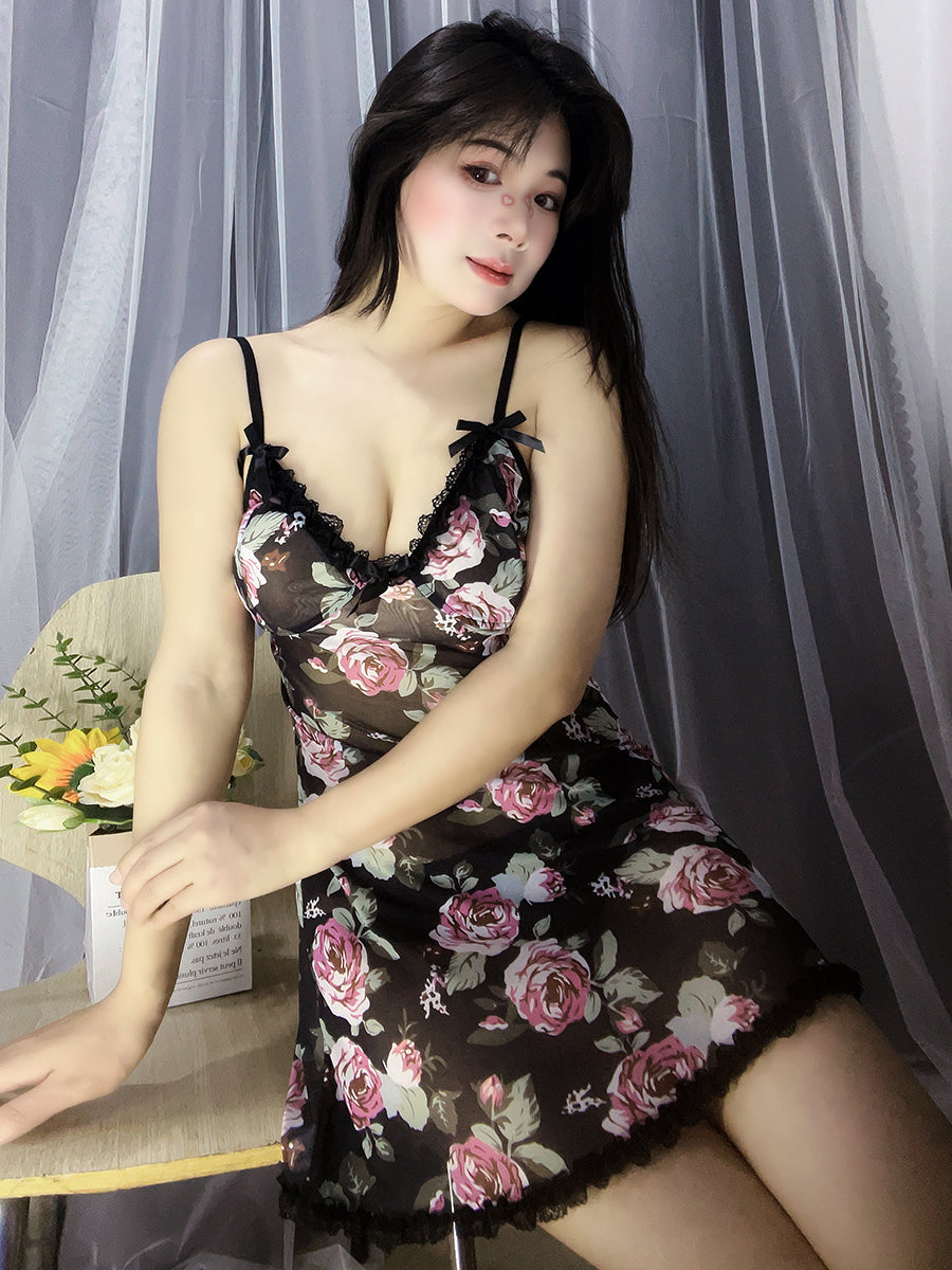 Sexy pajamas for women plus size fat mm mesh see-through lace suspender nightgown high-end pure lust bow home wear