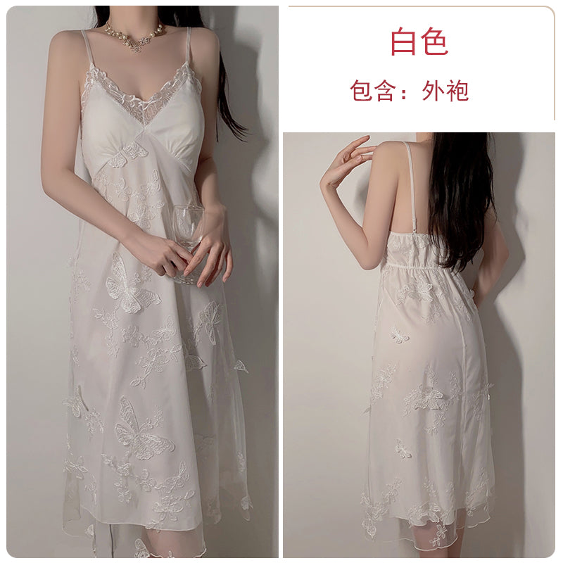 Sexy pajamas for women pure desire mesh temptation with chest pads gathered long suspender nightdress outer robe home clothes spring and summer