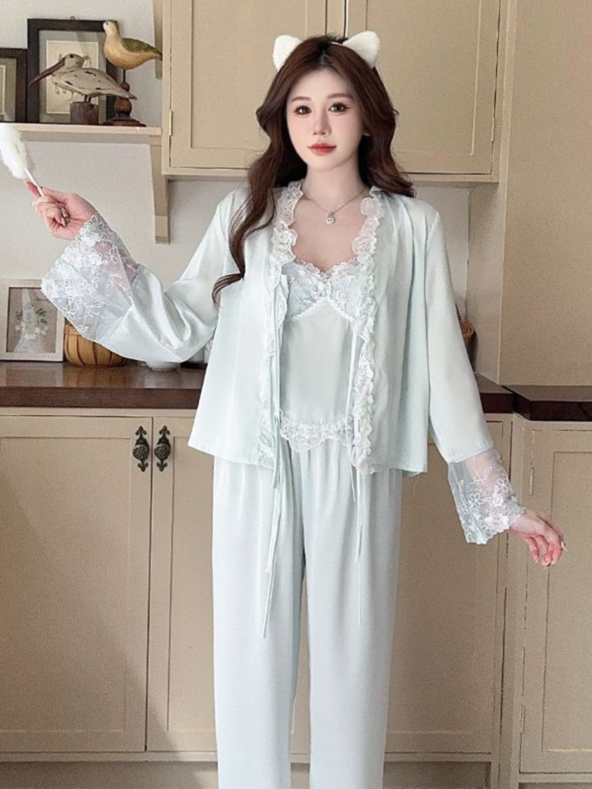 Ice silk sexy pajamas for women in spring and summer pure desire style lace sling outer robe three-piece set light luxury high-end home clothes