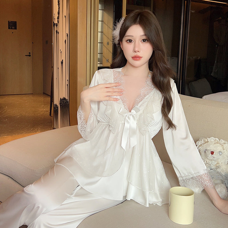 Elegant and Sweet: White Satin Pajama Set with Delicate Lace and Charming Bow Accents