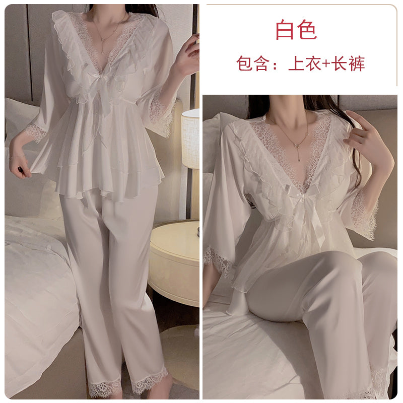 Romantic lace stitching  Light purple strappy V-neck pajama set