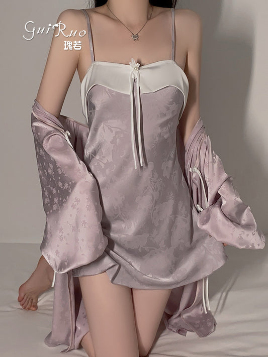 Light luxury pure lust style pajamas for women, sweet retro jacquard ice silk sexy backless suspender nightgown, home wear