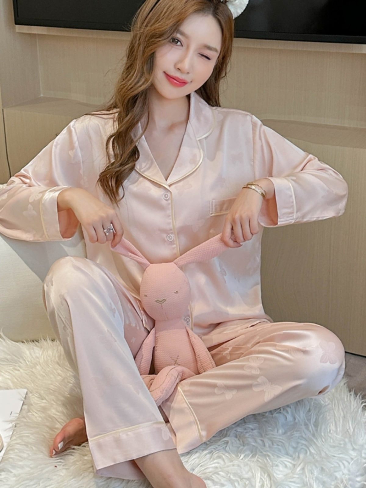 Pajama women's long-sleeved trousers suit pure ice silk jacquard cardigan high-end light luxury style home wear