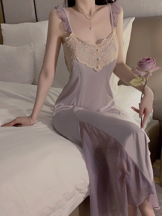 French satin pajamas, feminine lace sheer nightgown with breast pads, slim long suspender dress, home wear