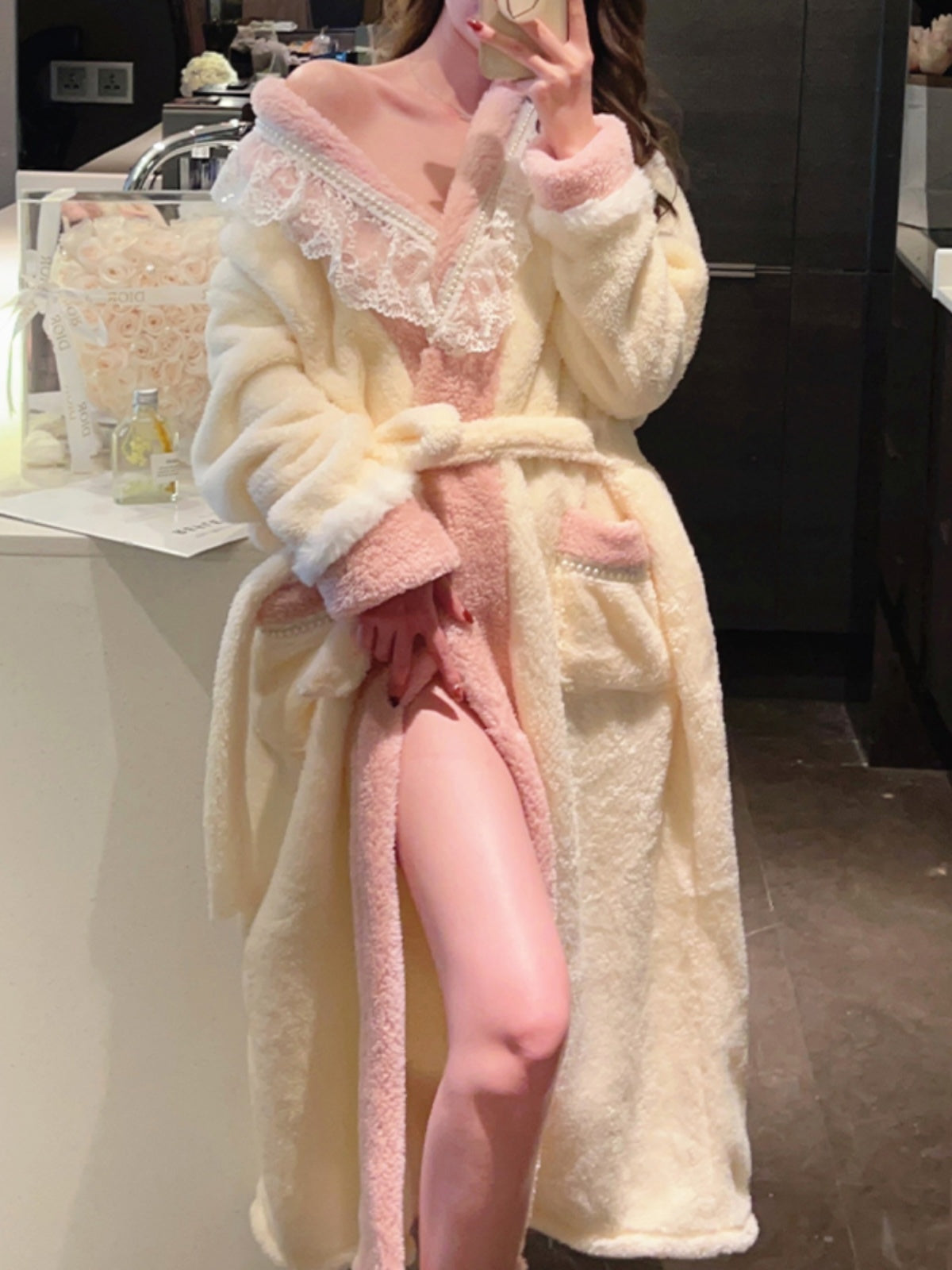 Charming and Warm Cream - Colored and Pink - Trimmed Plush Bathrobe with Delicate Lace Embellishments