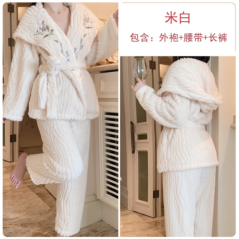 Cozy and Elegant: Cream - Hued Fleece Pajama Ensemble with Delicate Purple Floral Embroidery, Hooded V - neck Top, and Matching Textured Pants