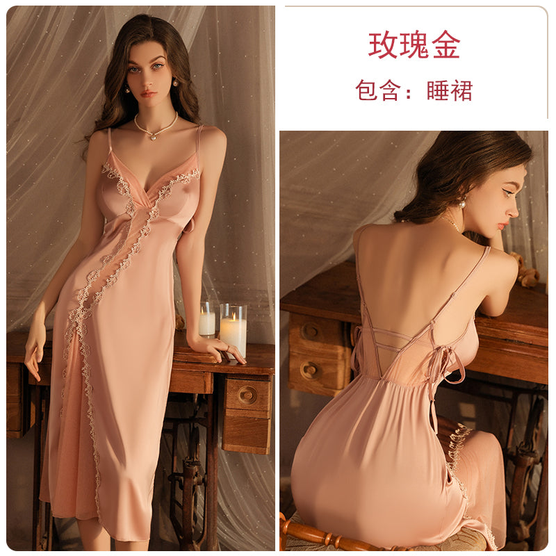 Light luxury long ice silk pajamas, feminine backless lace-up suspender nightgown, spring and summer style home wear set with breast pads