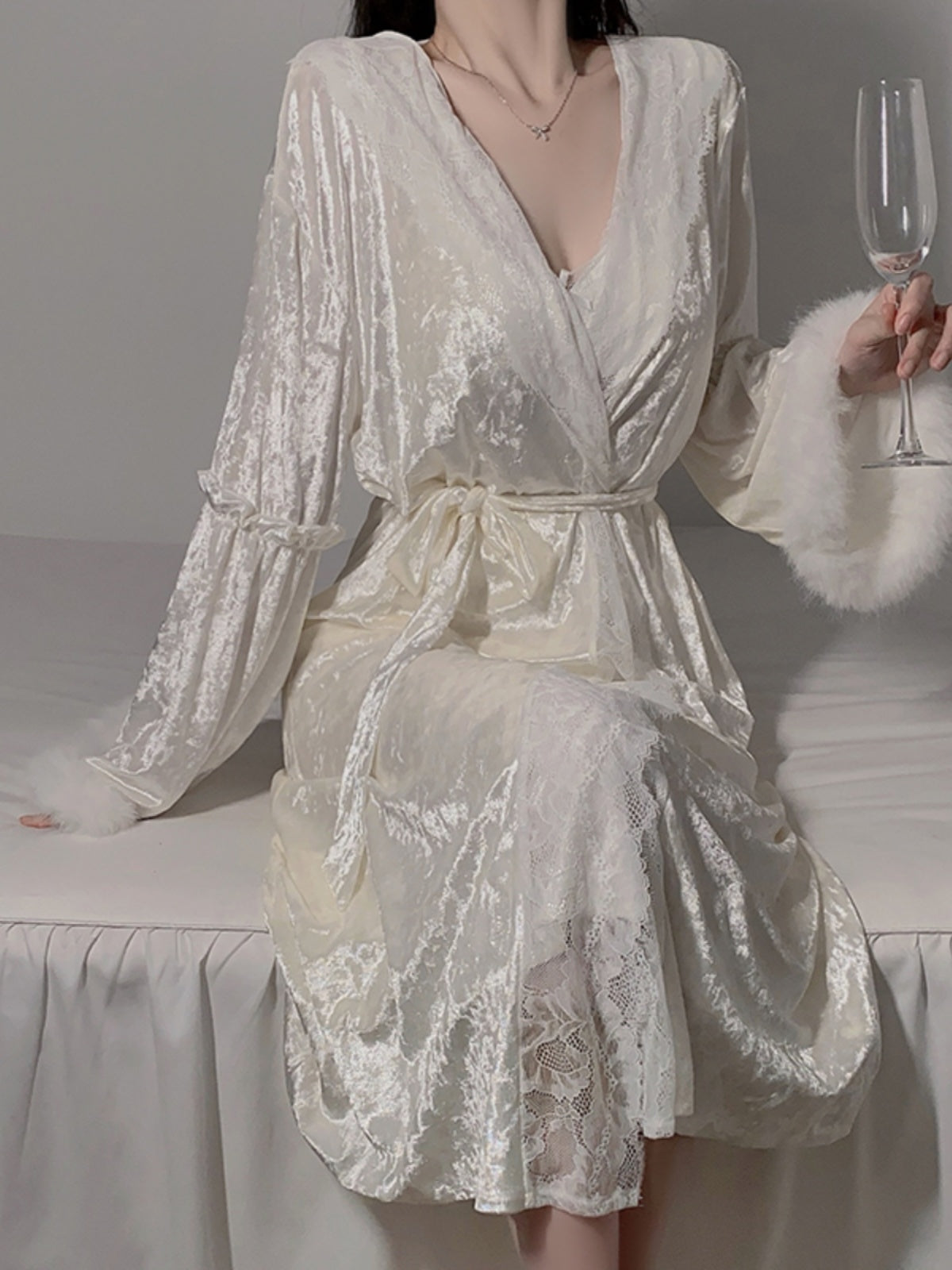 Luxurious White Lace & Satin Nightgown Set with Fur Trim