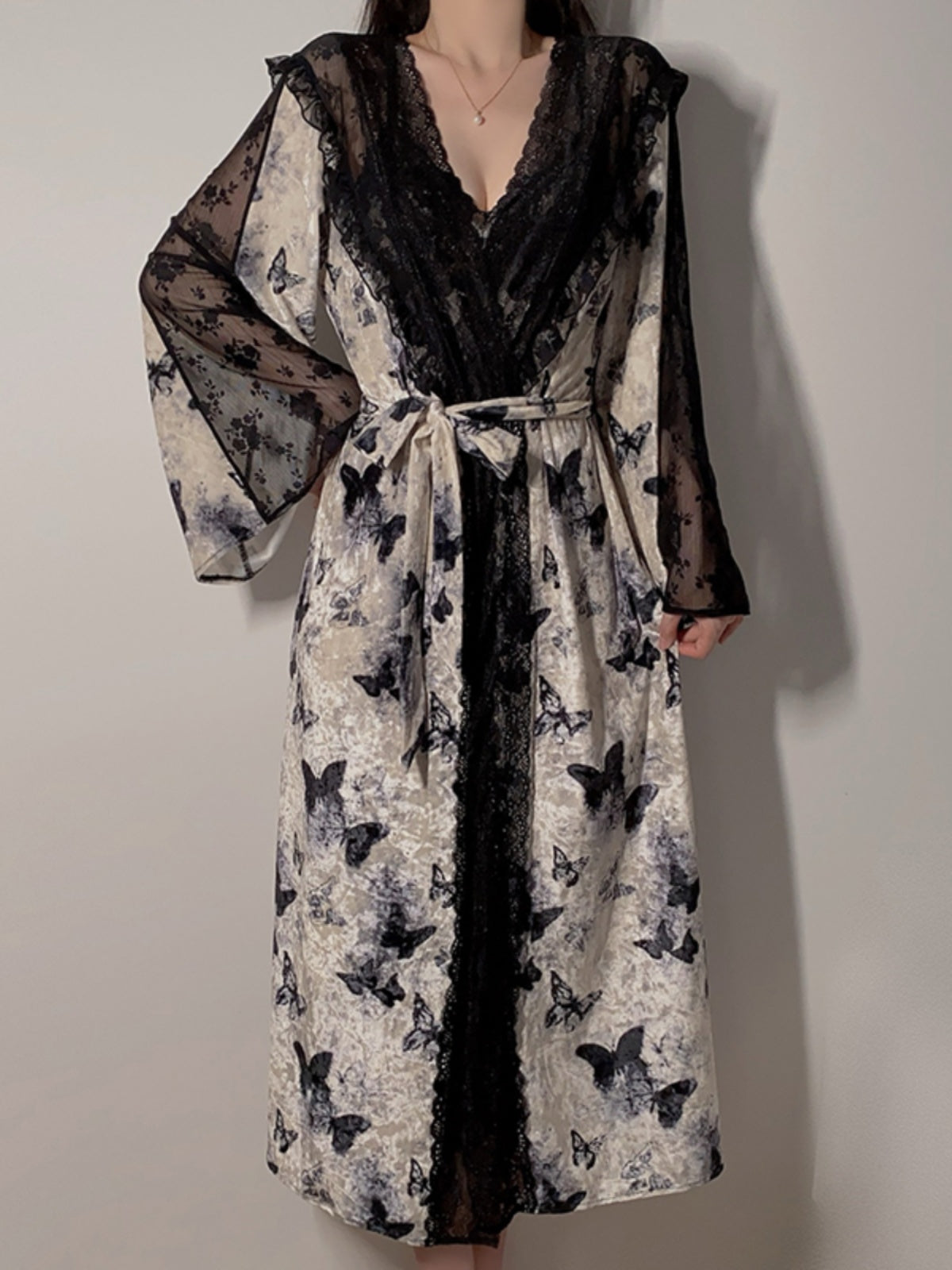 Enchanting Butterfly - Print Satin Nightgown with Black Lace Accents - A Blend of Elegance and Allure
