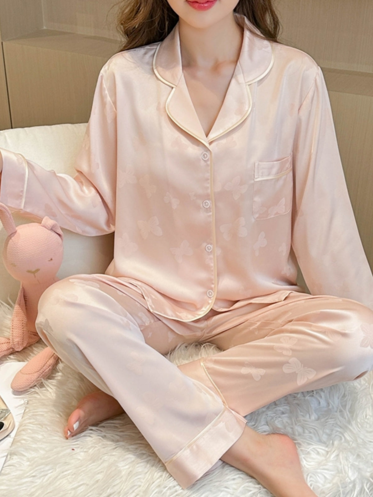 Pajama women's long-sleeved trousers suit pure ice silk jacquard cardigan high-end light luxury style home wear