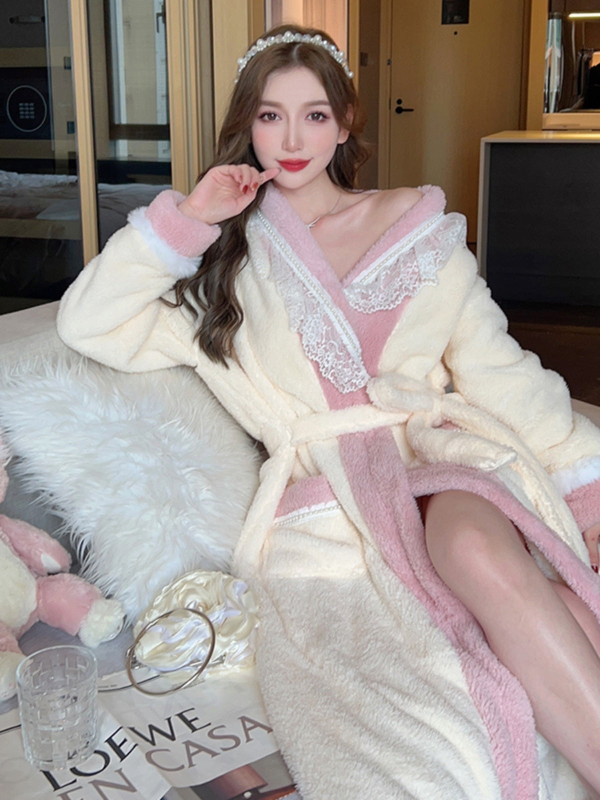 Charming and Warm Cream - Colored and Pink - Trimmed Plush Bathrobe with Delicate Lace Embellishments