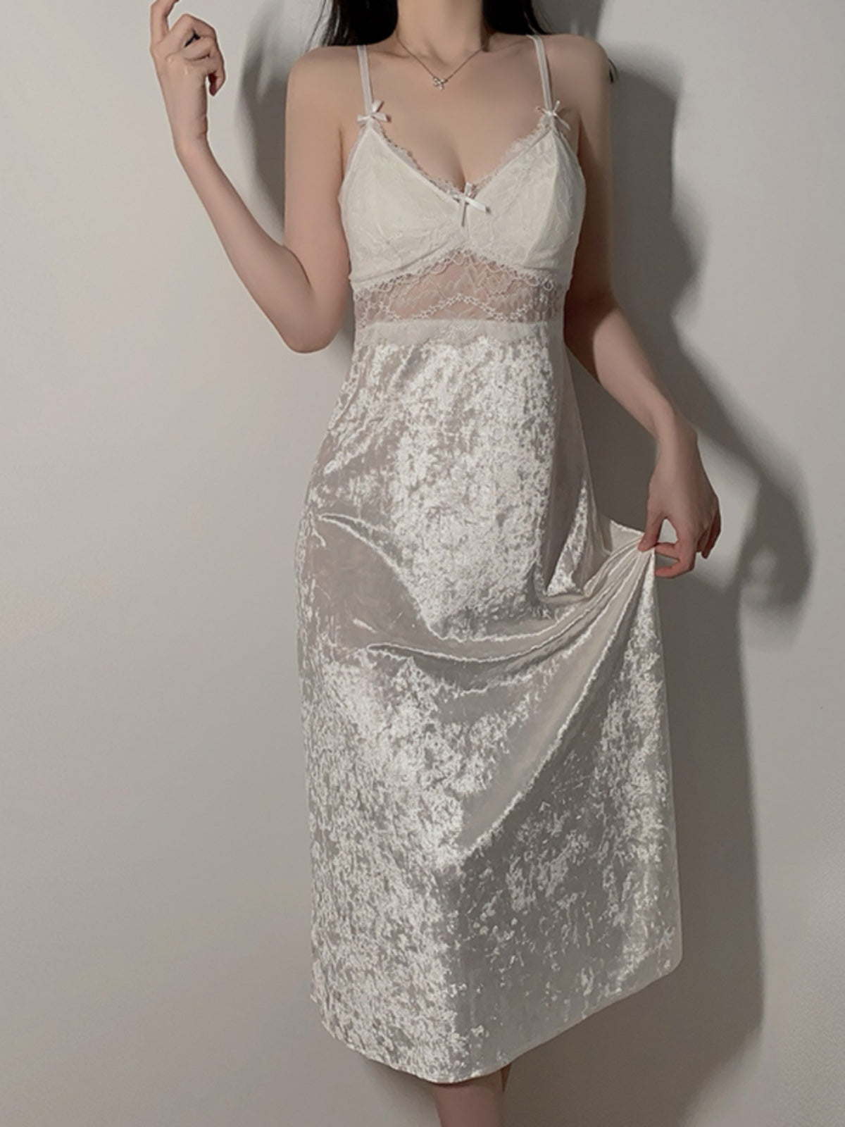 Luxurious White Lace & Satin Nightgown Set with Fur Trim