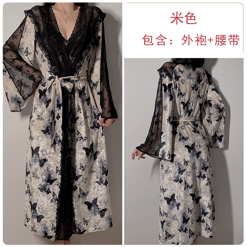 Enchanting Butterfly - Print Satin Nightgown with Black Lace Accents - A Blend of Elegance and Allure