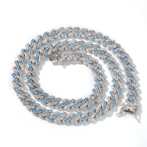 European and American hip-hop 9mm zircon Cuban necklace couple model white and blue simple CubanChain rap bracelet