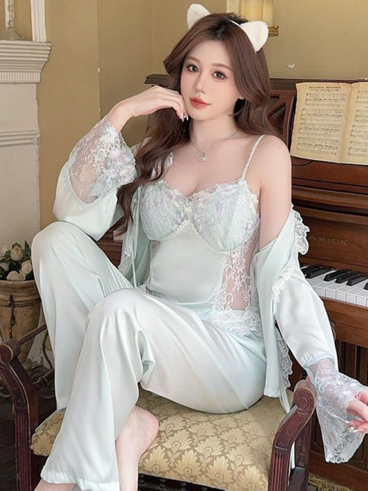 Ice silk sexy pajamas for women in spring and summer pure desire style lace sling outer robe three-piece set light luxury high-end home clothes