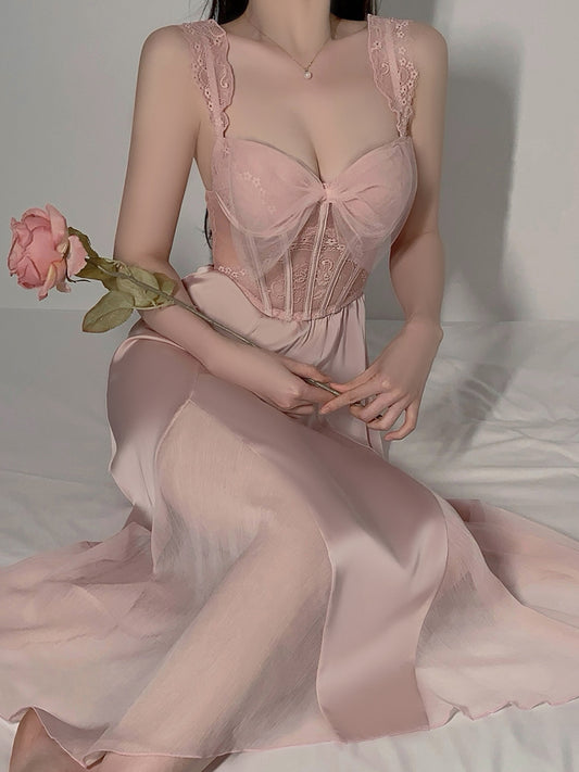 Sexy pajamas for women in summer with underwire and padded suspenders, pure and sweet mesh ice silk long skirt, home clothes