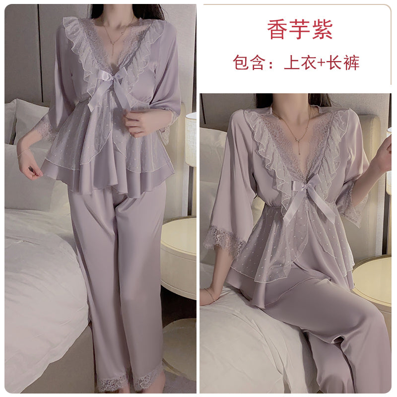 Romantic lace stitching  Light purple strappy V-neck pajama set